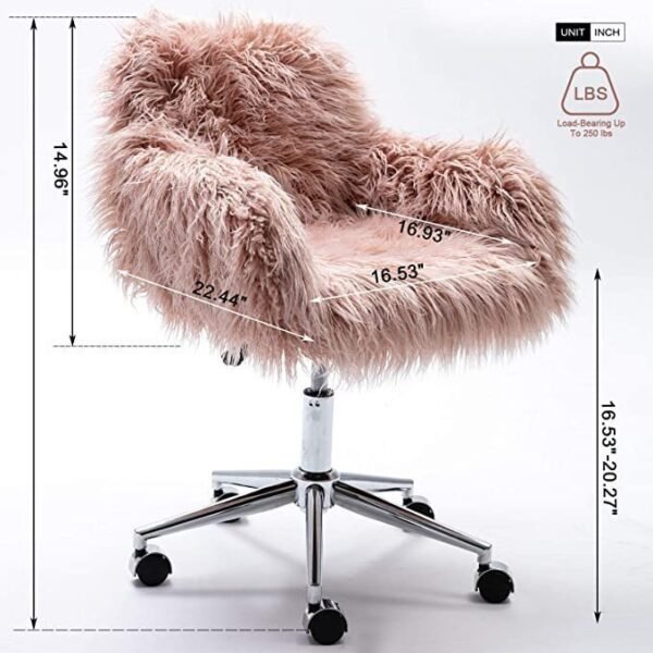 DKLGG Faux Fur Desk Chair, Cute Fluffy Upholstered Padded Seat, Vanity Accent Modern Height Adjustable Swivel Arm Decorative Furniture for Living Room/Makeup/Home Office/Teen Girls Bedroom, Pink