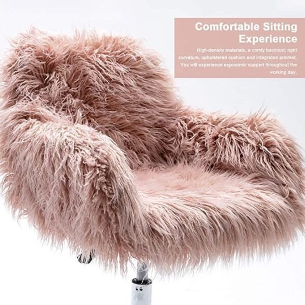 DKLGG Faux Fur Desk Chair, Cute Fluffy Upholstered Padded Seat, Vanity Accent Modern Height Adjustable Swivel Arm Decorative Furniture for Living Room/Makeup/Home Office/Teen Girls Bedroom, Pink