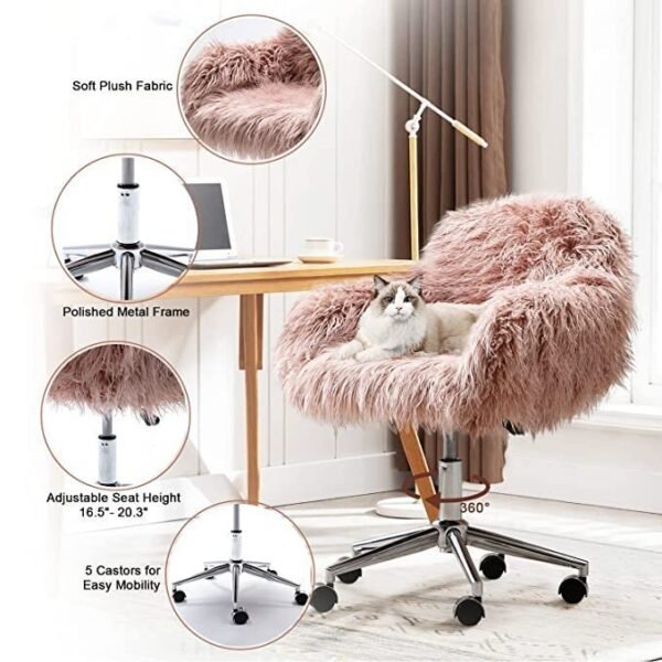 DKLGG Faux Fur Desk Chair, Cute Fluffy Upholstered Padded Seat, Vanity Accent Modern Height Adjustable Swivel Arm Decorative Furniture for Living Room/Makeup/Home Office/Teen Girls Bedroom, Pink