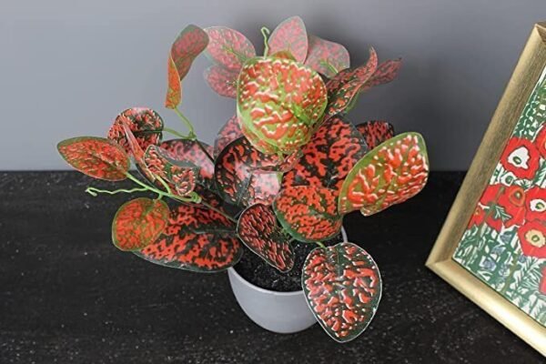 Elemntl Artificial Plant in Grey Pot for Home Decor | Decoration Items for Living Room | Decorative Table Top Indoor Plants Bonsai for Office Desks & Counters (Red Polka Dotted Plant in Grey Pot)