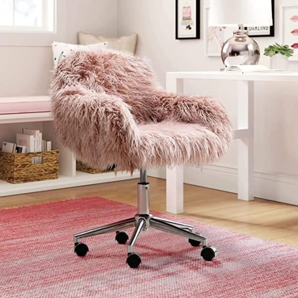 DKLGG Faux Fur Desk Chair, Cute Fluffy Upholstered Padded Seat, Vanity Accent Modern Height Adjustable Swivel Arm Decorative Furniture for Living Room/Makeup/Home Office/Teen Girls Bedroom, Pink