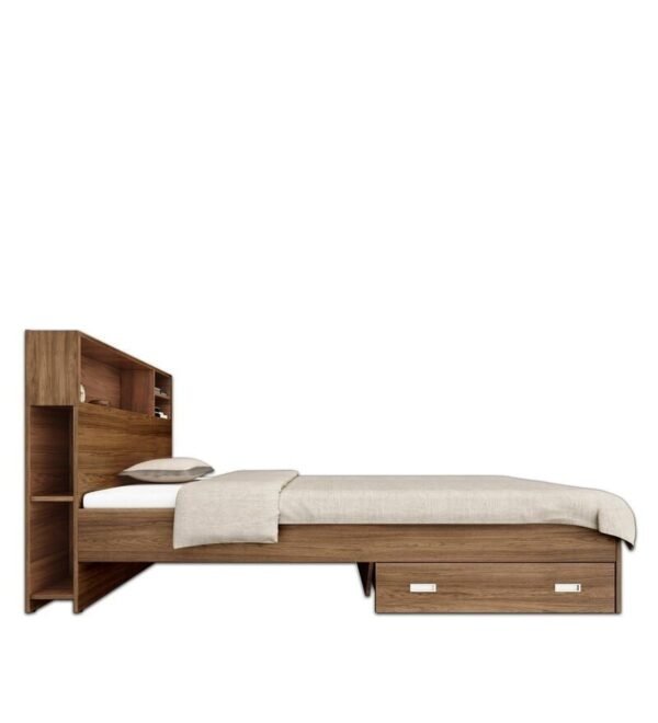 Boltera Single Bed With Headboard Storage & Drawer in Dark Walnut Finish