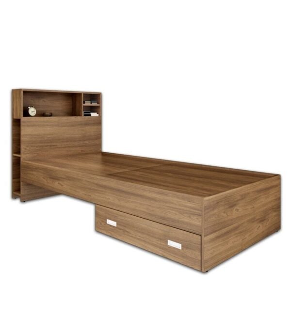 Boltera Single Bed With Headboard Storage & Drawer in Dark Walnut Finish