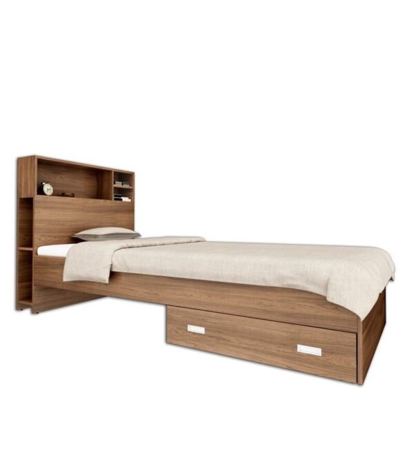 Boltera Single Bed With Headboard Storage & Drawer in Dark Walnut Finish