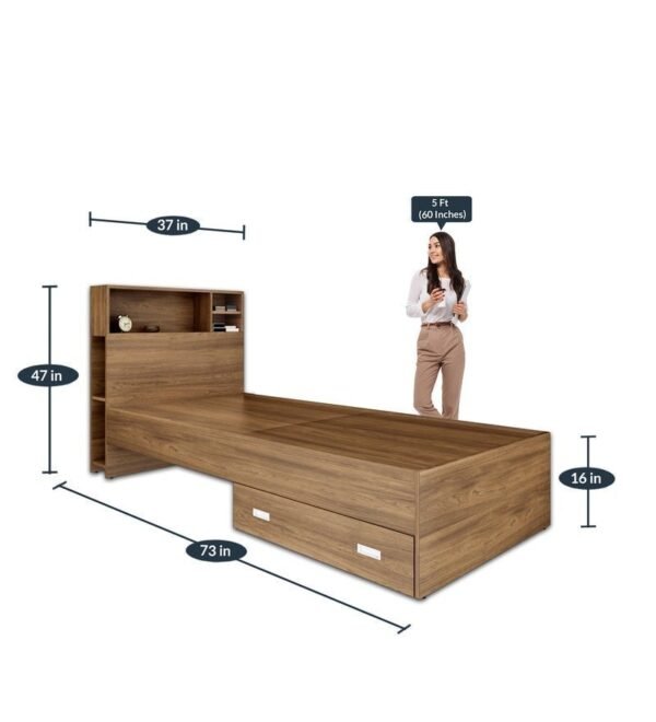 Boltera Single Bed With Headboard Storage & Drawer in Dark Walnut Finish