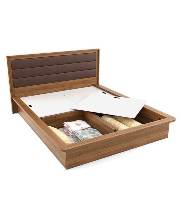 Kosmo Cooper Queen Size Upholstered Bed With Box Storage in Natural Teak Finish