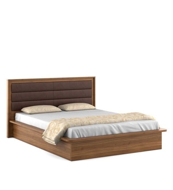 Kosmo Cooper Queen Size Upholstered Bed With Box Storage in Natural Teak Finish
