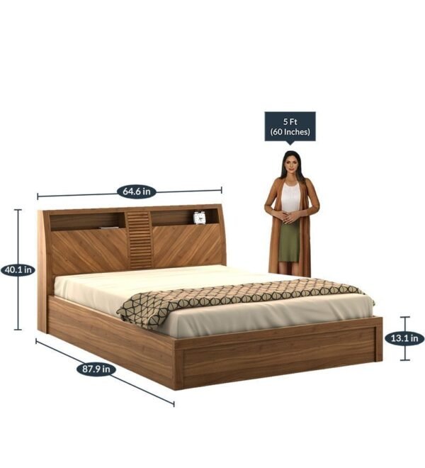 Kosmo Monarch Queen Size Bed with Storage in Natural Teak Finish