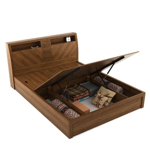 Kosmo Monarch Queen Size Bed with Storage in Natural Teak Finish