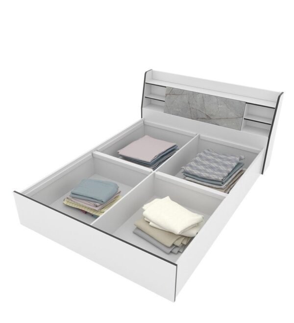 Marbito King Size Bed With Box & Headboard Storage in White Colour