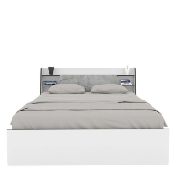 Marbito King Size Bed With Box & Headboard Storage in White Colour