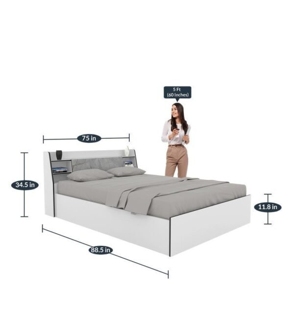 Marbito King Size Bed With Box & Headboard Storage in White Colour
