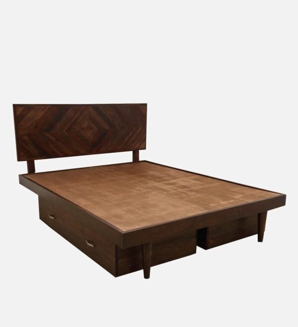 Square Diamond King Size Bed With Drawer Storage In Walnut Finish