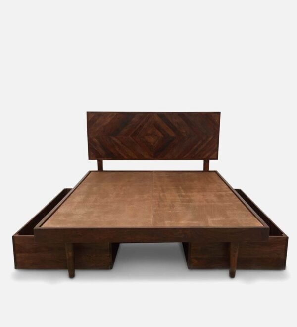Square Diamond King Size Bed With Drawer Storage In Walnut Finish